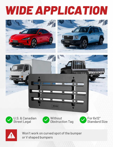 Universal Front License Plate Bracket Holder Frame For Cars Trucks And SUVs Beefy Black Easy Mount With 6 Screws And Wrench Kit Durable 6 X 12 Inch Flat Mount with vehicles on snowy landscape.
