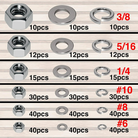 Assorted stainless steel hex nuts, flat washers, and lock washers kit; 431 pieces, sizes #6–#10 and 1/4–3/8.