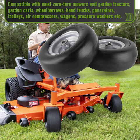 Flat Free 11x4.00-5 Lawn Mower Front Tires For Zero Turn Mowers with solid smooth tread shown installed on mower