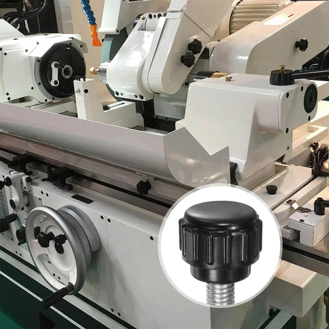 12 Piece Set Knurled Clamping Knobs M5 x 10mm Stainless Steel 304 Thumb Screws With 14mm Plastic Round Head Black shown installed on machinery