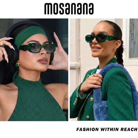 Trendy Rectangle Sunglasses For Women And Men In Green Dark Vintage Retro Style 90s Inspired Cool Funky Small Chunky Frames With UV400 Protection