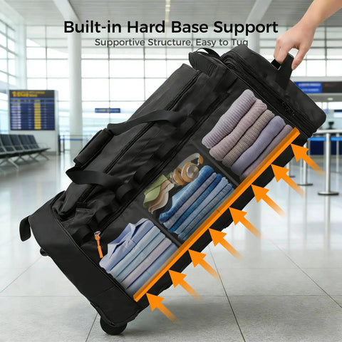Three Wheel Rolling Duffle Bag With Expandable 110 Liter To 120 Liter Capacity Waterproof Soft Carry On Luggage For Men And Women