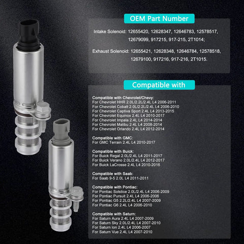 VVT Intake And Exhaust Camshaft Position Actuator Solenoid Valve Pair For Chevy HHR Cobalt Equinox Malibu GMC Terrain Buick Regal Verano Pontiac G5 G6 Saturn 2.0L 2.2L 2.4L Replacement Parts showing OE-style compatibility