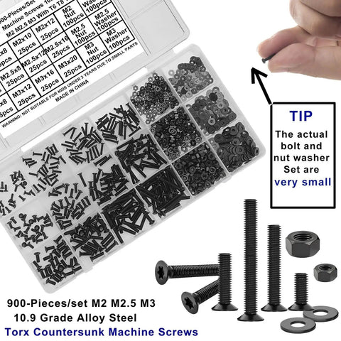 Beefy Torx Countersunk Screws Set with M2 M2.5 M3 Bolts Nuts and Washers Flat Head Star Drive Machine Screws Grade 10.9 Alloy Steel Black Fully Threaded with T6 T8 T10 Wrenches in box