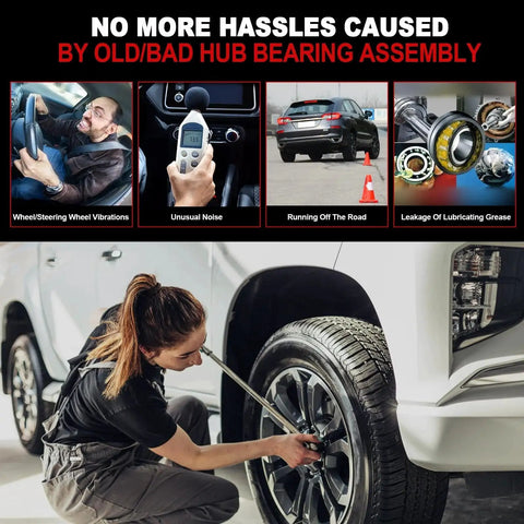 Mechanic working on car wheel highlighting issues with old hub bearings, related images show wheel vibrations and noise detection.