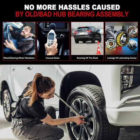 Image showing a mechanic inspecting a vehicle's wheel, highlighting signs of old rear wheel hub issues for AWD SUVs.