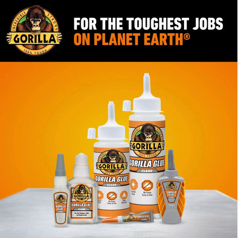 Various sizes of Gorilla glue bottles and packages labeled for wood, stone, metal, ceramic, water resistant projects.