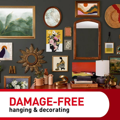 Wall gallery with various frames using Heavyweight Picture Hanging Strips XL 20 Lb 16 Pairs 32 Strips White Adhesive Damage Free Hangers