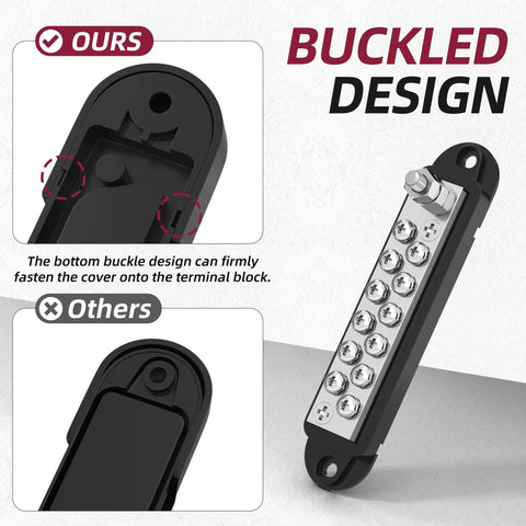 Marine Grade 12 Volt Bus Bar Power Distribution Block with One Quarter Inch Stud and Twelve Terminal Screws, side view.