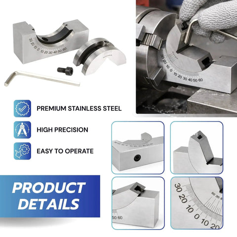 Adjustable Angle V Block Milling Gauge Set Pro Grade Stainless Steel Micro High Precision Setup With Wrench 0 To 60 Degrees AP25 For Lathe Machinist Tool Magnetic Machining Clamp Finder For Precise Alignments, shown with components and installed view.