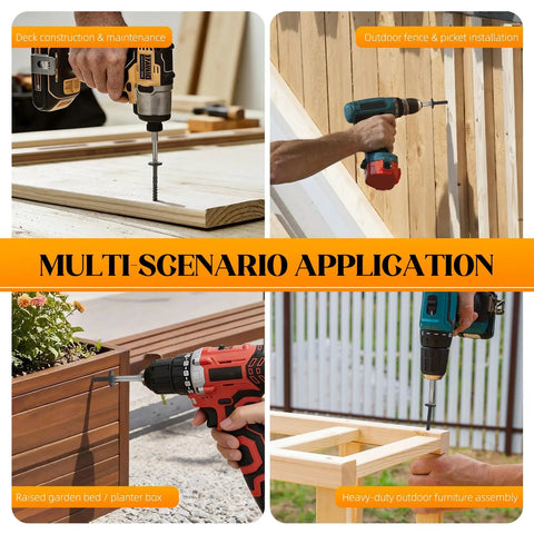 Multi-scenario application of heavy duty exterior deck screws for timber and log with rust resistant four layer epoxy coating.