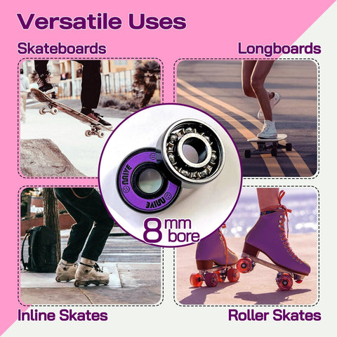 Naivskb skate bearings, 8mm bore, 16-pack; purple 608 precision bearings for inline, skateboard, roller skates.