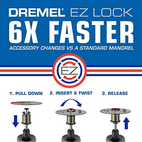 Diagram showing installation process for EZ Lock Rotary Tool Cut Off Wheels Kit By Dremel, illustrating three steps for metal cutting.