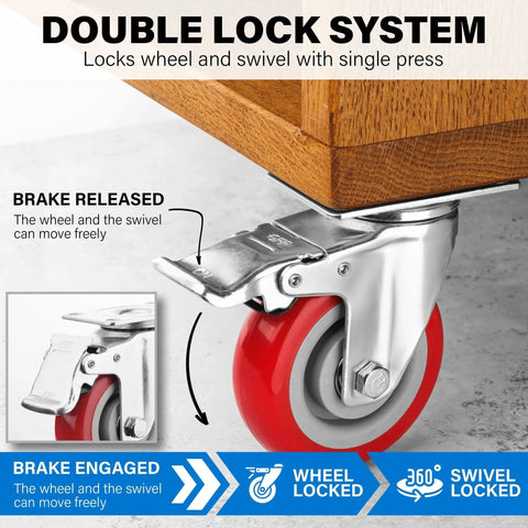 Heavy Duty 4 Inch Caster Wheels Set Of 4 With Brakes 2200 Lbs Load Capacity Lockable Cart Wheels 360 Degree Rotatable