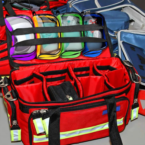 Eight Color First Aid Bags Set for Home Outdoor and Travel Use, Portable Zippered Medical Pouches in open view showing pouches.