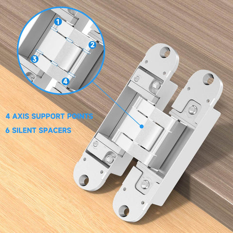 Close-up of Hidden Door Hinges 5.5 Inch Open 180 Degrees, 3 Way Adjustable Invisible Butt Hinge, silver metal, 2-pack.