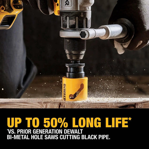 Bi Metal Hole Saw Kit For Wood Metal And Plastic With Up To 50 Percent Longer Life And Fast Plug Ejection By Dewalt in action on wood