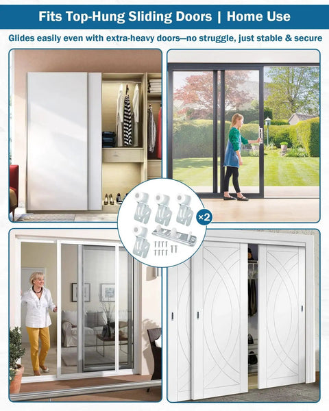Sliding Closet Door Roller Replacement Kit 10 Pcs Includes 2 N6560 And 8 MP6501 Rollers with demonstration of top-hung doors