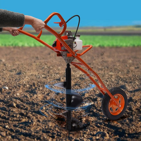 Powerful 63cc 2 Stroke Hole Digger Earth Auger Drill for Quick Potholing and Planting in use, featuring hand push cart and wheel