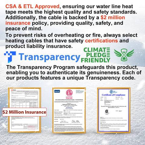 HEATIT heating cable banner showing CSA/ETL approval, 6 ft length, 7 W/ft, 120V with Transparency and Climate Pledge logos.
