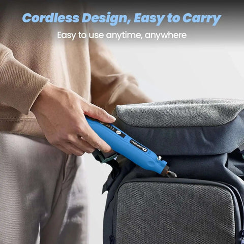 Person placing Cordless Rotary Tool Kit With 69 Accessories 3.7V Mini Power Drill Type C Charging 5 Variable Speeds into bag