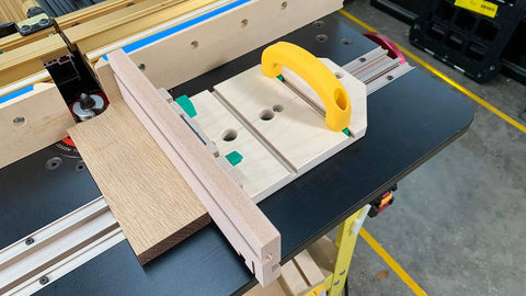 ZeroPlay Miter Bars 2-Pack With MatchFit Jig Handle installed on router table for precise slop-free cuts with one-touch calibration.