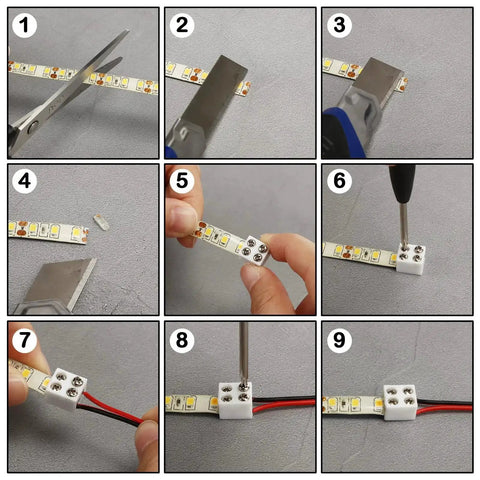 Step-by-step guide using 25 Pack Solderless 2 Pin LED Tape Light Connectors Screw Down Terminal for 5V 12V 24V strip installation.