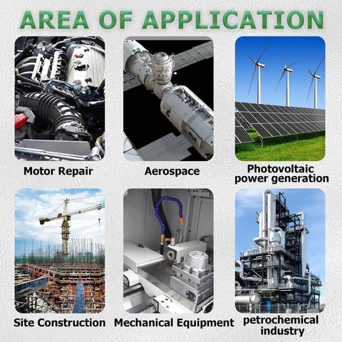 Image showing areas of application, including motor repair, aerospace, photovoltaic power generation, site construction, mechanical equipment, and petrochemical industry.