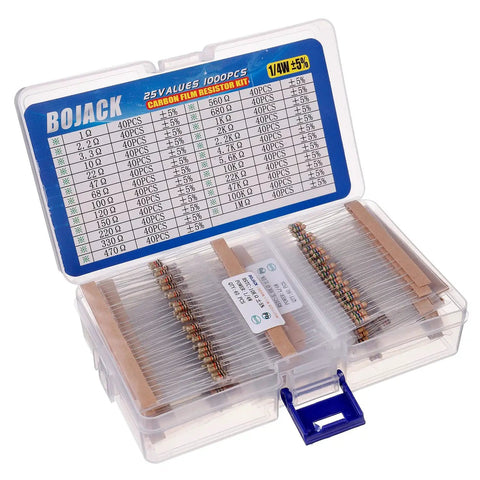 Front view of BOJACK 1000-piece resistor kit with 25 values of carbon film resistors in a clear plastic case
