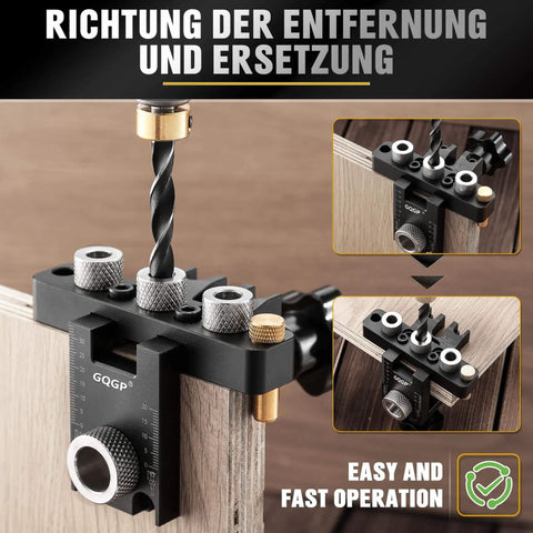 3-In-1 Dowel Jig Kit for Precise Doweling and Self Centering Alignment with Adjustable Width Drill Guides shown on wooden panel
