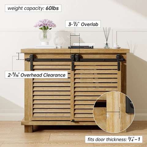 8Ft Bypass Mini Sliding Barn Door Hardware Kit for Two Doors installed on wooden cabinet with black powder coated steel rail.