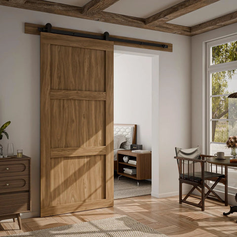 Six Foot Sliding Barn Door Hardware Kit Heavy Duty Silent Operation With Nylon Wheels And Spring Damping installed in living room