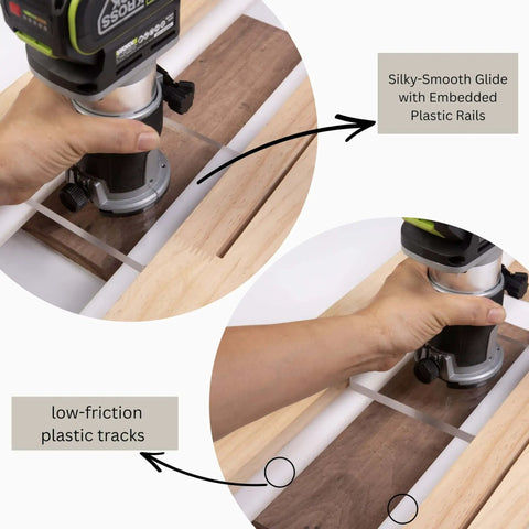 Close-up of Router Sled Flattening Jig For Wood Slabs And Epoxy Tables with adjustable planing sled kit and acrylic baseplate.