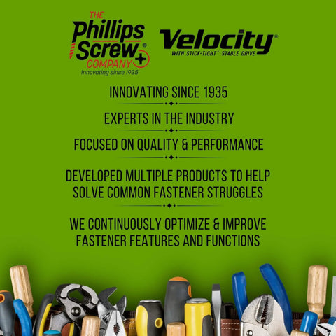 The Phillips Screw Company and Velocity logo with tools, highlighting innovation and quality in fasteners since 1935.