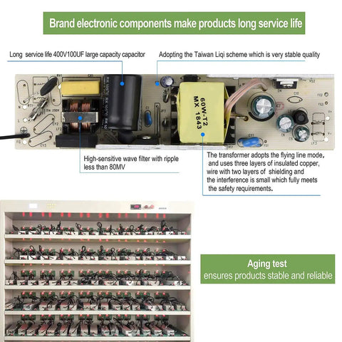 60W Waterproof LED Driver Power Supply IP67 Transformer circuitry and testing process, showing components and safety features