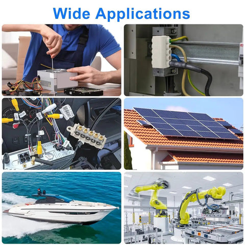 Collage of various applications for Six Piece 10 AWG Wire Connector Kit including solar panels, automotive, and industrial machinery.