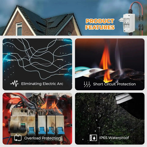 Product features of Solar Panel Disconnect Switch 1000V 60A Outdoor PV Breaker IP65, showing protection features and waterproof design.