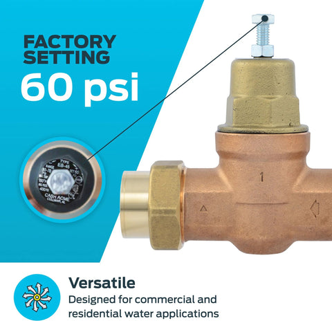 Cash Acme EB45 pressure regulating valve, 1 in NPT female, copper body with brass top, double union.