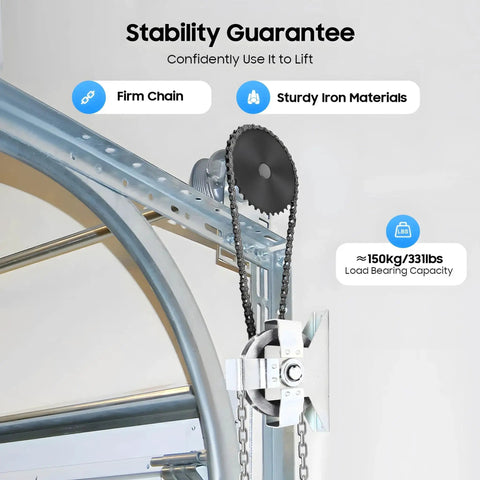 Garage Door Jackshaft Chain Hoist With Three To One Ratio 331 Lbs Capacity installed beside a sectional door