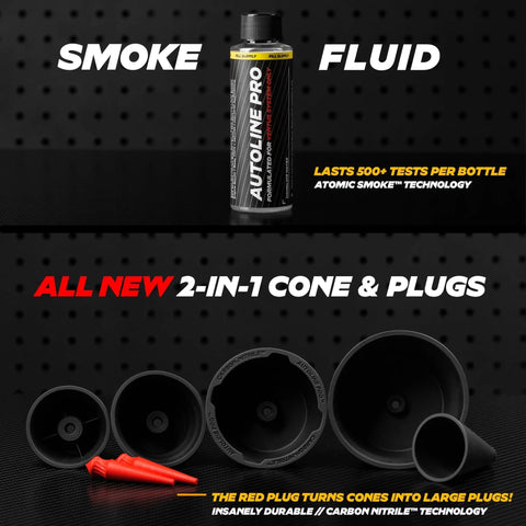 Ventus Smoke Machine Leak Tester For EVAP And Vacuum Systems With Built In Air Compressor Self Powered Li Ion Battery Odorless Fluid Lasts 500 Tests Cone Cap Plugs Pro Grade Build For EVAP Intake Exhaust Turbo EGR And More smoke fluid bottle and 2-in-1 cone plugs on display