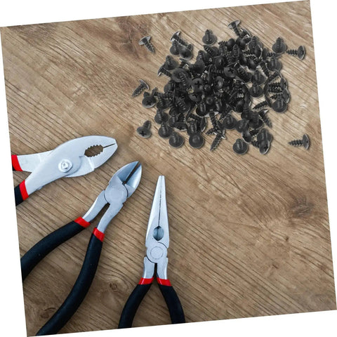 Miniature Screw Set 100 Pieces Tiny Fasteners next to pliers on wooden table for Furniture Repair and Small Machinery Projects