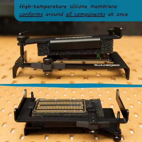 Hands Free Through-Hole Soldering Jig For PCBs And Breadboards CSJ-1, showing side view with conforming silicone membrane.