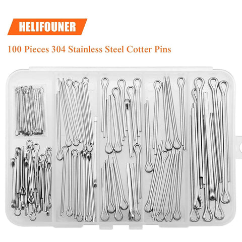 304 Stainless Steel Cotter Pin Assortment Kit With 100 Pieces In Six Common Sizes M1.6x25 to M4x60 displayed in packaging