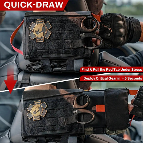 Quick-draw vehicle tactical IFAK trauma kit with CAT tourniquet and MOLLE pouch mounted on car headrest for emergency access.