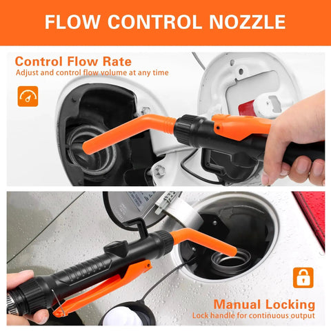 Cordless Fuel Transfer Pump 3.2 GPM Portable Battery Powered for Vehicles Boats shown with flow control nozzle.
