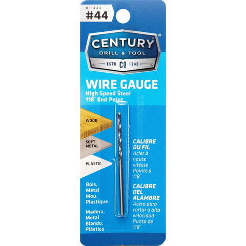 Premium High Speed Steel Wire Gauge Drill Bit No 44 on packaging showing uses in wood, metal, and plastic applications.