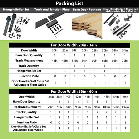 Packing list for Heavy Duty Black Sliding Barn Door Hardware Kit showing components and measurements for different door widths.