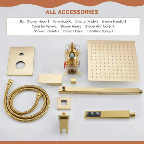 Gold Shower System With 10 Inch Rain Showerhead And Handheld Spray, Wall Mounted High Pressure Shower Head Set Including Valve And Trim, Brushed Gold Finish, 304 Stainless Steel Construction, Easy Install For A Spa Like Shower Experience By HoliSpa showcasing all accessories.