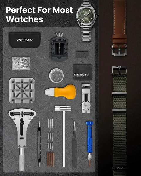 Pro 154 Piece Watch Repair Kit With Link Remover Battery Replacement Tool Strap Adjustment Case Opener And Pin Punch