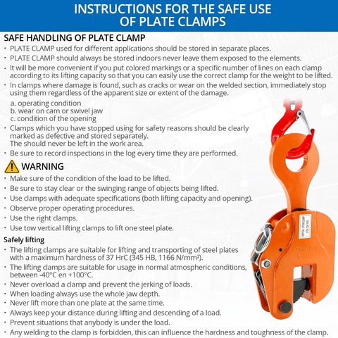 2-Ton Vertical Plate Lifting Clamp With 4400 Lb Capacity For Welding displayed against safety instructions background.